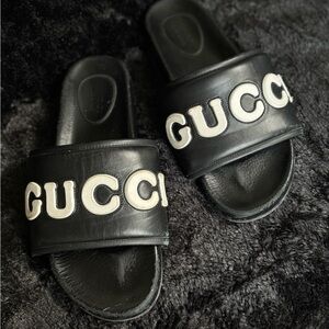 Gucci Black Slides with White Logo